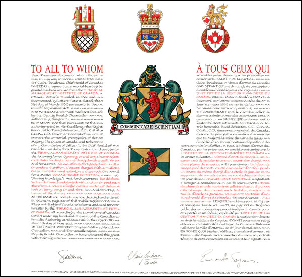 Letters patent granting heraldic emblems to the Financial Management Institute of Canada