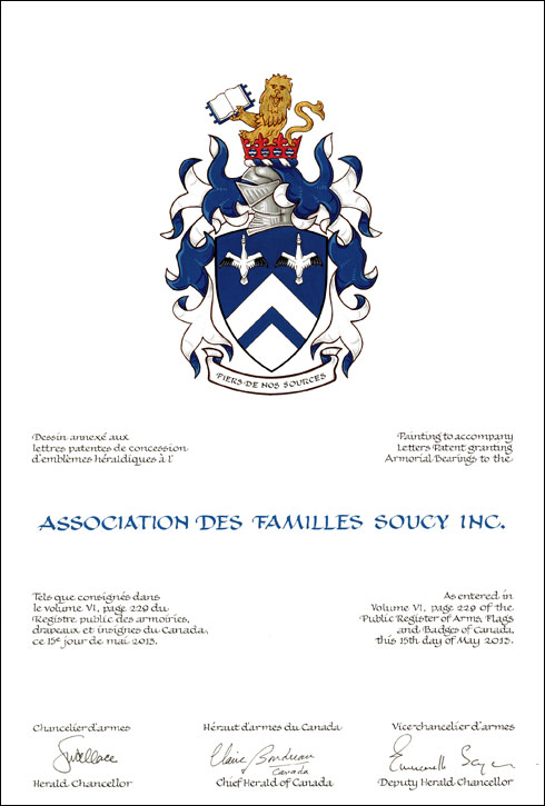 Lettres patentes concédant des emblèmes héraldique à l'Association des familles Soucy Inc.