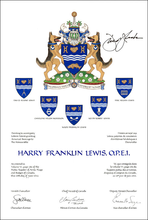 Lettres patentes concédant des emblèmes héraldiques à Harry Franklin Lewis