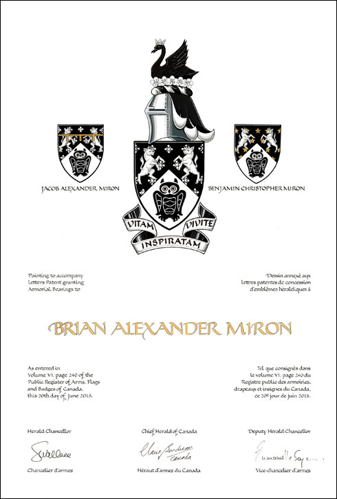 Letters patent granting heraldic emblems to Brian Alexander Miron