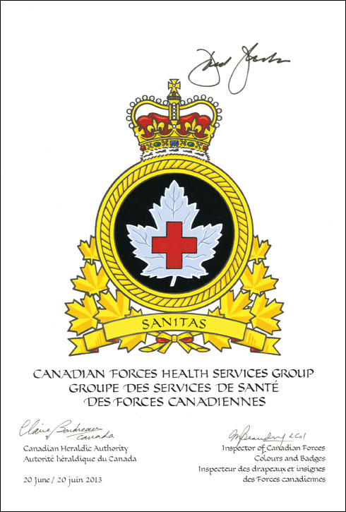 Lettres patentes approuvant l'insigne du Groupe des services de santé des Forces canadiennes