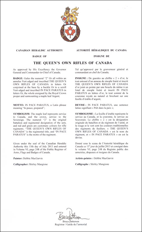 Lettres patentes approuvant les emblèmes héraldiques de The Queen's Own Rifles of Canada