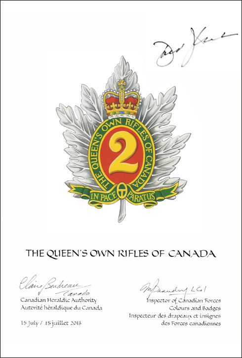 Lettres patente approuvant les emblèmes héraldiques de The Queen's Own Rifles of Canada