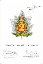 Lettres patente approuvant les emblèmes héraldiques de The Queen's Own Rifles of Canada