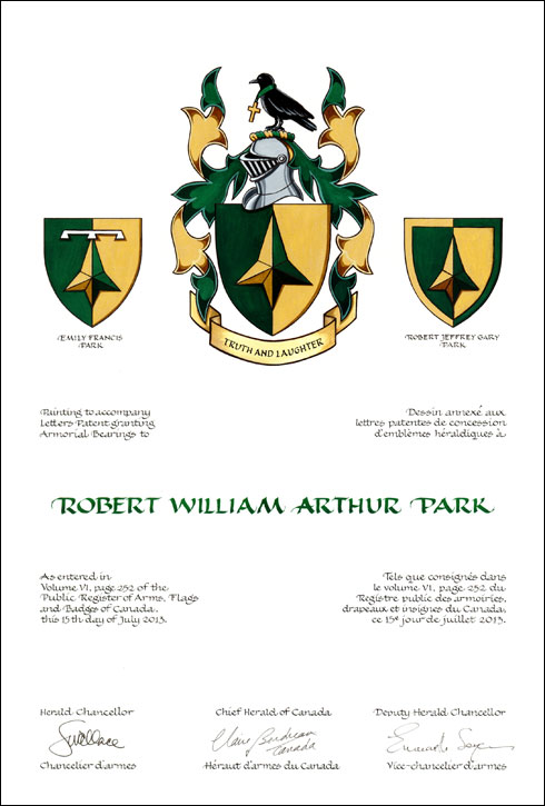 Letters patent granting heraldic emblems to Robert William Arthur Park