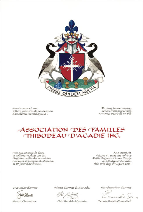 Lettres patentes concédant des emblèmes héraldiques à l'Association des familles Thibodeau d'Acadie Inc.