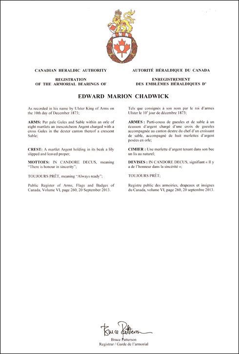 Lettres patentes enregistrant les emblèmes héraldiques d'Edward Marion Chadwick