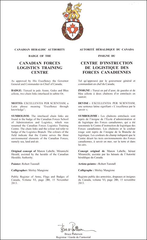 Lettres patentes approuvant les emblèmes héraldiques du Centre d'instruction de logistique des Forces canadiennes