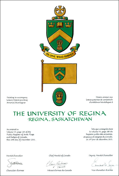 Letters patent granting heraldic emblems to The University of Regina