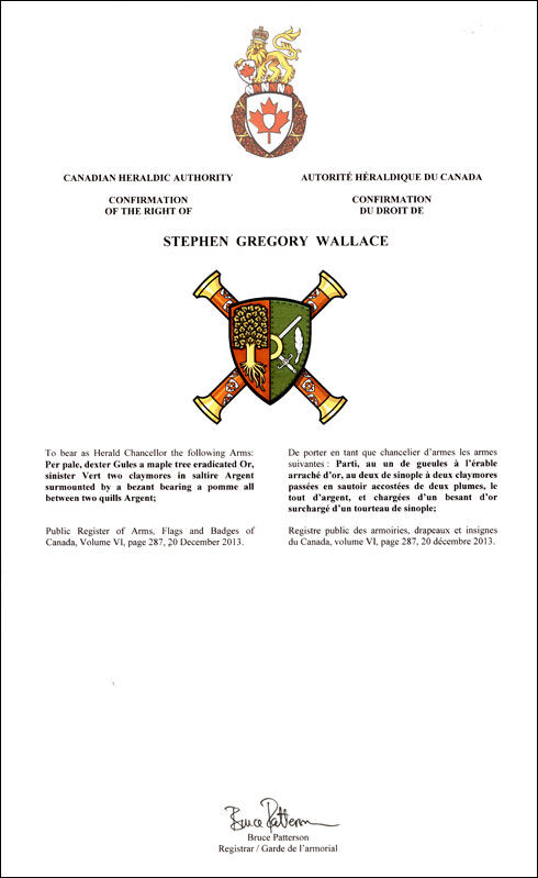 Lettres patentes confirmant les armoiries parties de Stephen Gregory Wallace en tant que chancelier d'armes