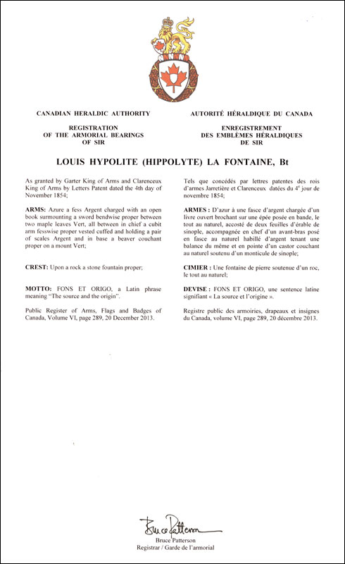 Letters patent registering the heraldic emblems of Louis Hypolite (Hippolyte) La Fontaine