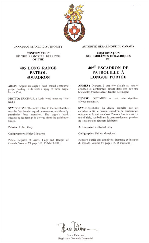 Letters patent confirming the Badge of the 405 Long Range Patrol Squadron