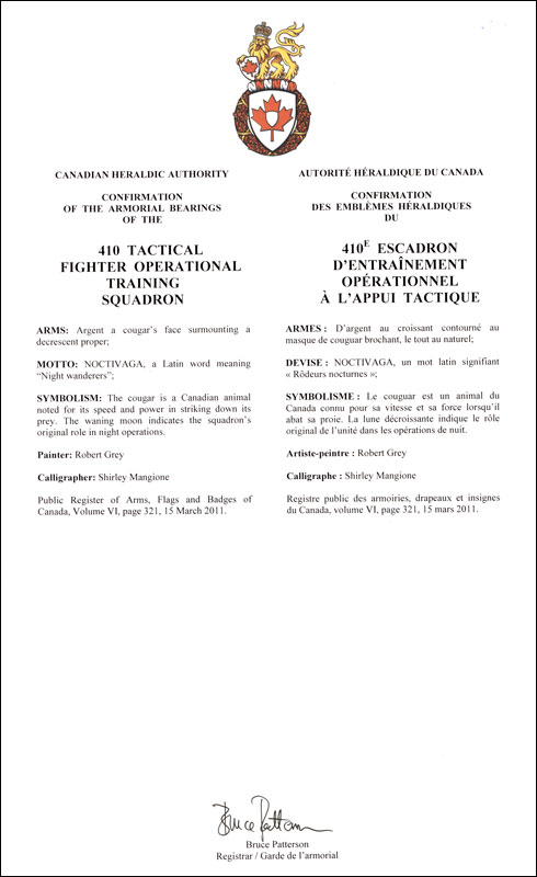 Letters patent confirming the Badge of the 410 Tactical Fighter Operational Training Squadron