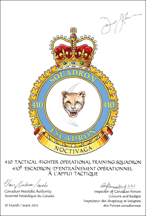 Letters patent confirming the Badge of the 410 Tactical Fighter Operational Training Squadron