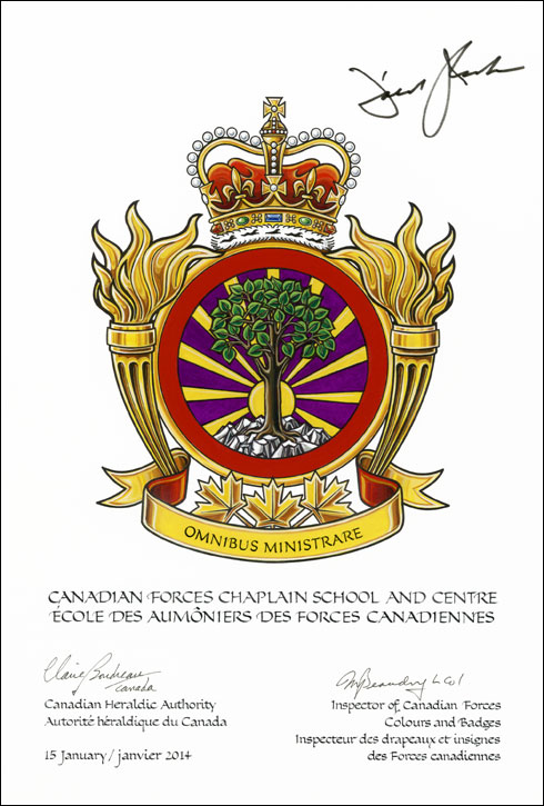 Lettres patentes approuvant l’insigne de l'École des aumôniers des Forces canadiennes