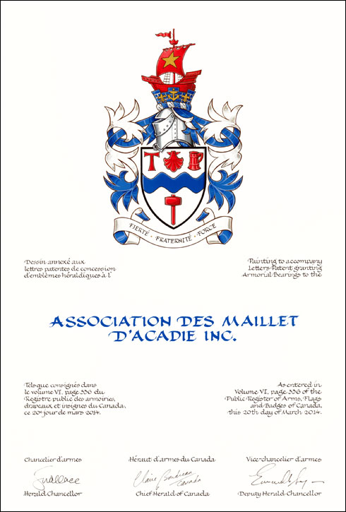 Lettres patentes concédant des emblèmes héraldiques à l' Association des Maillet d'Acadie Inc.