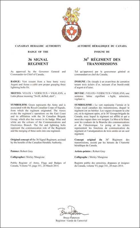 Letters patent approving the Badge of the 36 Signal Regiment