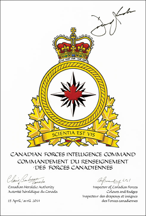 Lettres patentes approuvant l’insigne du Commandement du renseignement des Forces canadiennes