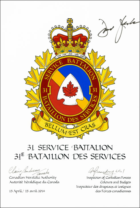 Letters patent approving the Badge of the 31 Service Battalion