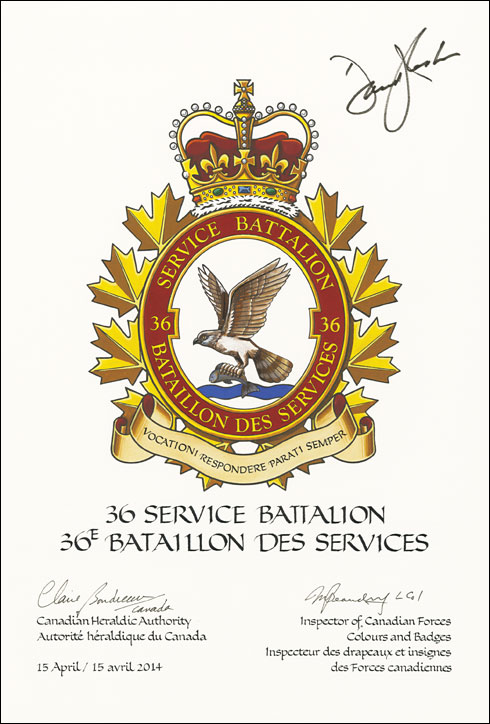 Letters patent approving the Badge of the 36 Service Battalion