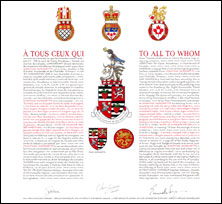 Letters patent granting heraldic emblems to Jonathan Morissette