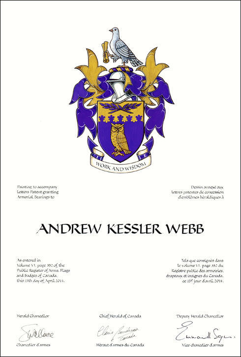 Lettres patentes concédant des emblèmes héraldiques à Andrew Kessler Webb