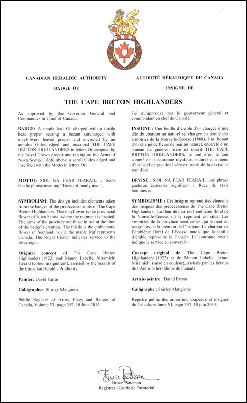 Letters patent approving the Badge of The Cape Breton Highlanders