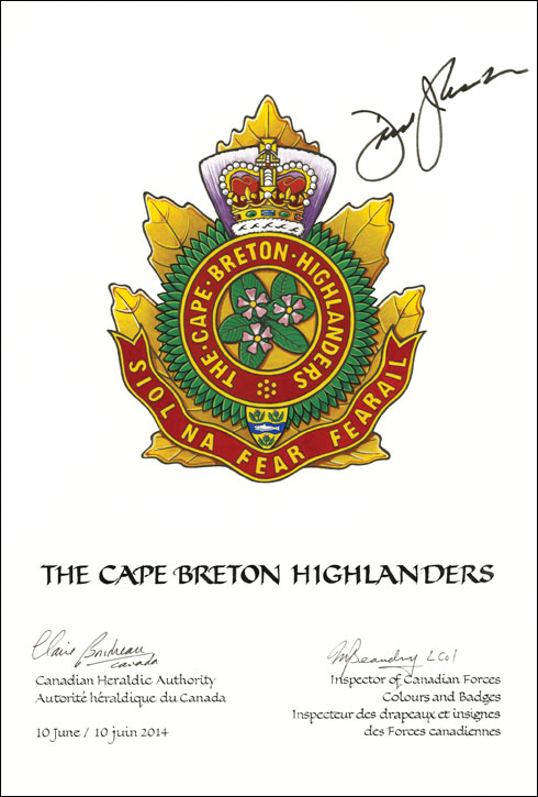 Letters patent approving the Badge of The Cape Breton Highlanders