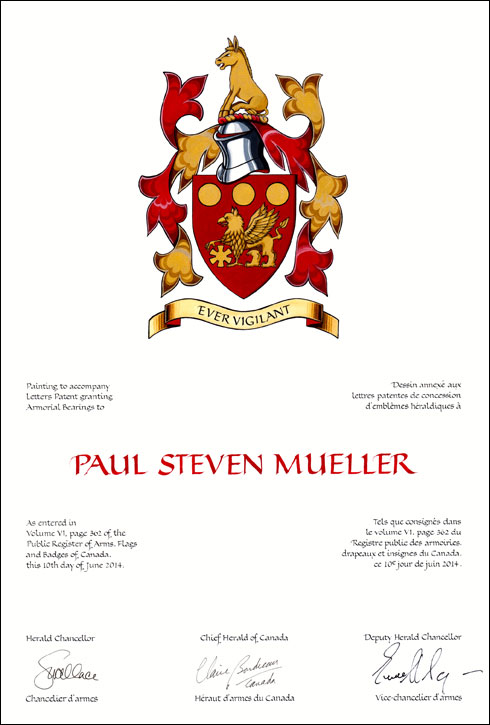 Lettres patentes concédant des emblèmes héraldiques à Paul Steven Mueller