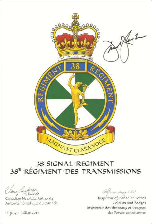 Letters patent approving the Badge of the 38 Signal Regiment