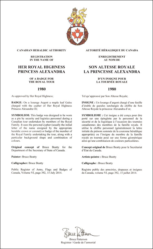 Letters patent registering the heraldic emblems of Princess Alexandra