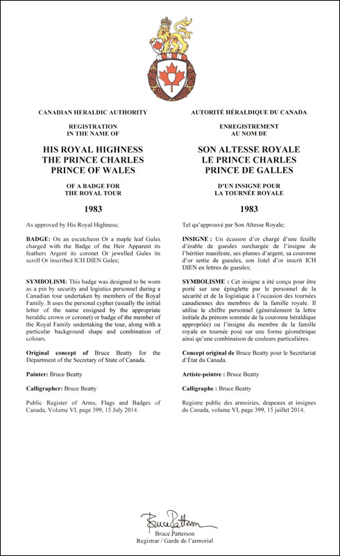 Lettres patentes enregistrant les emblèmes héraldiques du prince Charles, prince de Galles