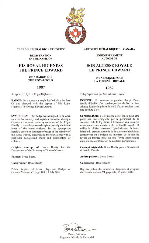 Letters patent registering the heraldic emblems of Prince Edward