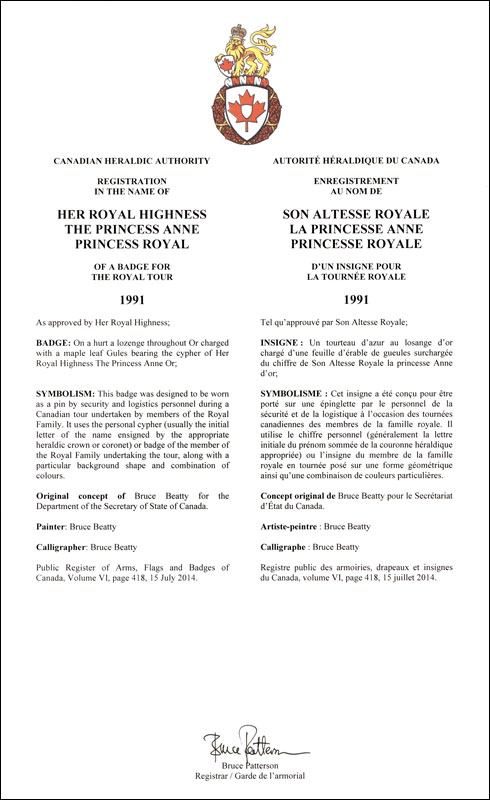 Letters patent registering the heraldic emblems of Princess Anne, Princess Royal