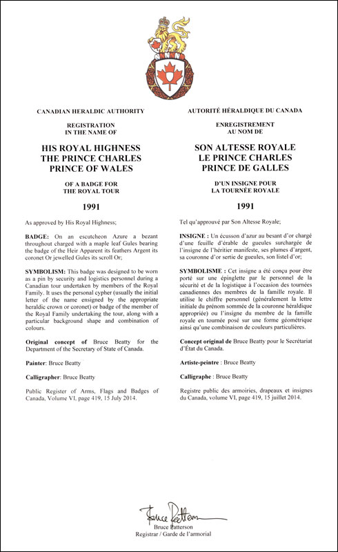 Lettres patentes enregistrant les emblèmes héraldiques du prince Charles, prince de Galles