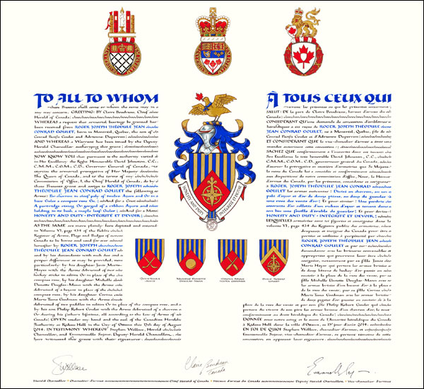 Letters patent granting heraldic emblems to Roger Joseph Théodule Jean Conrad Goulet