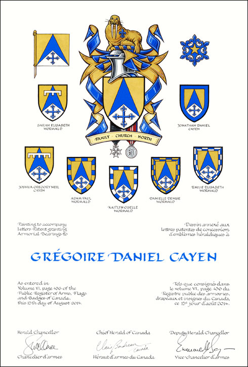 Letters patent granting heraldic emblems to Grégoire Daniel Cayen