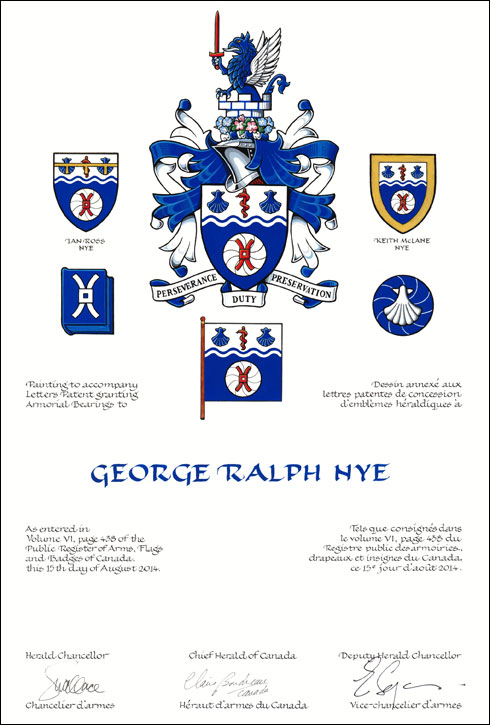 Letters patent granting heraldic emblems to George Ralph Nye