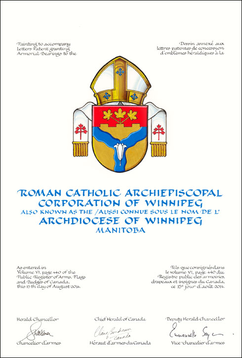 Lettres patentes concédant des emblèmes héraldiques à la Roman Catholic Archiepiscopal Corporation of Winnipeg