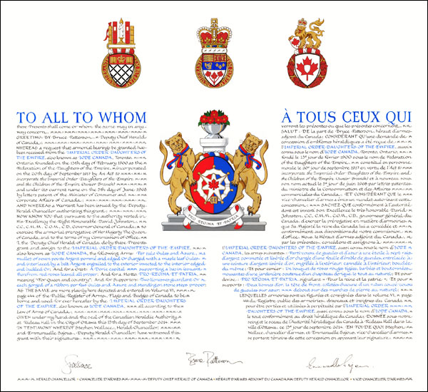 Lettres patentes concédant des emblèmes héraldiques à l'Imperial Order Daughters of the Empire (aussi connue sous le nom d'IODE Canada)