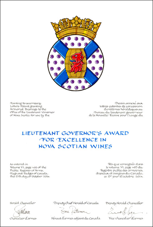 Lettres patentes concédant un insigne pour l'usage du Lieutenant Governor’s Award for Excellence in Nova Scotian Wines