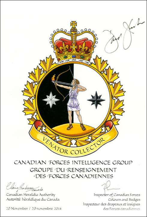 Lettres patentes approuvant l'insigne du Groupe du renseignement des Forces canadiennes