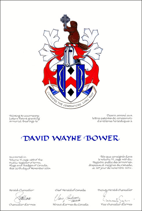 Letters patent granting heraldic emblems to David Wayne Bower