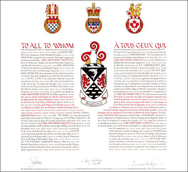 Letters patent granting heraldic emblems to Lino Anthony Saputo