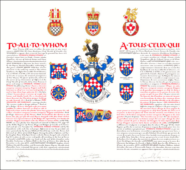 Letters patent granting heraldic emblems to Derrick Darko Strizic