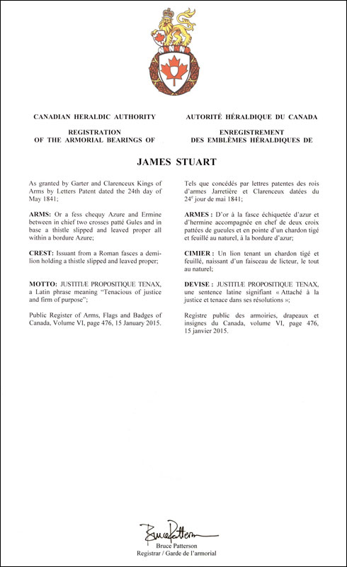 Lettres patentes enregistrant les emblèmes héraldiques de James Stuart