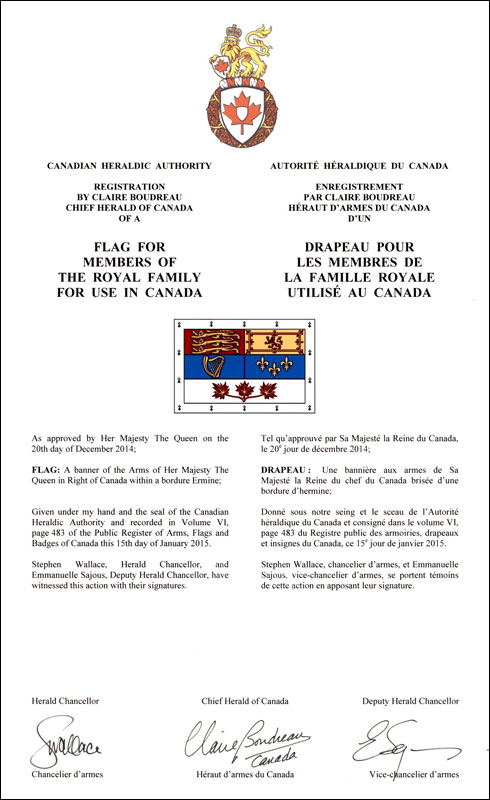 Letters patent registring the Flag for Members of the Royal Family for use in Canada