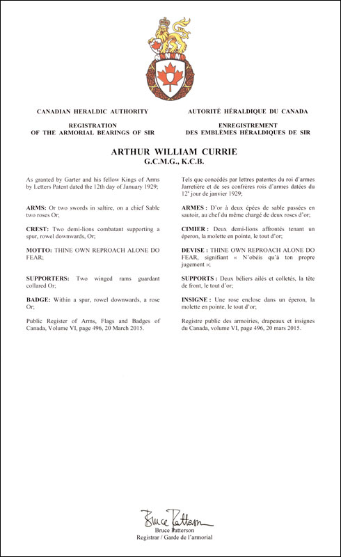 Letters patent registering the heraldic emblems of Arthur William Currie