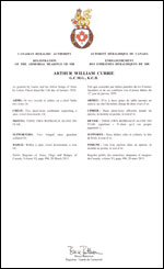 Lettres patentes enregistrant les emblèmes héraldiques d'Arthur William Currie