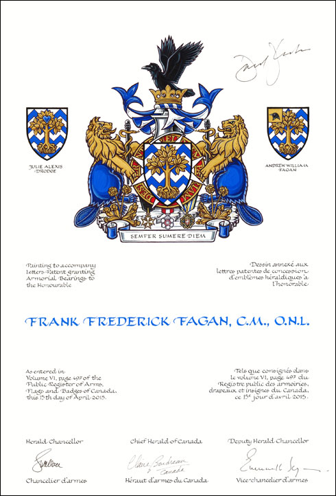 Letters patent granting heraldic emblems to Frank Frederick Fagan